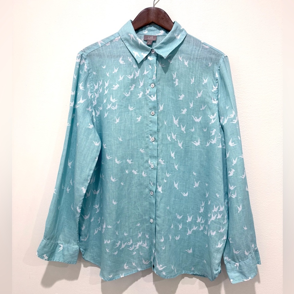 J Jill Womens Light Blue 100% Linen Birds Print Tropical Button-Up Shirt Medium